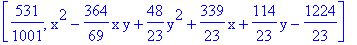 [531/1001, x^2-364/69*x*y+48/23*y^2+339/23*x+114/23*y-1224/23]